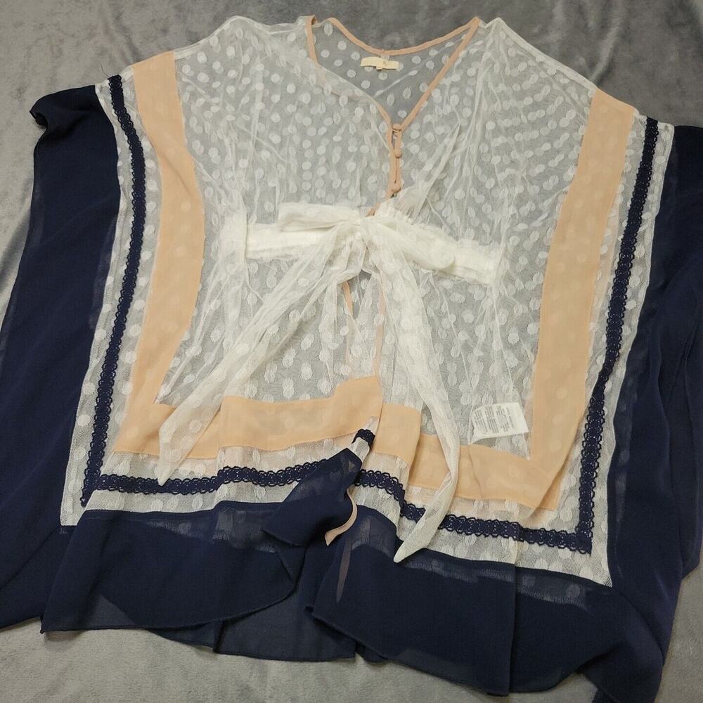 Ryu Cover Up Womens Medium Blouse White Blue Bow Lace Button Front Swiss Dot Top